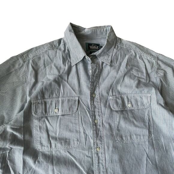 Vintage 1990s Woolrich Button Down Shirt Short Sleeve Stripe Blue Green Men L - Picture 9 of 11